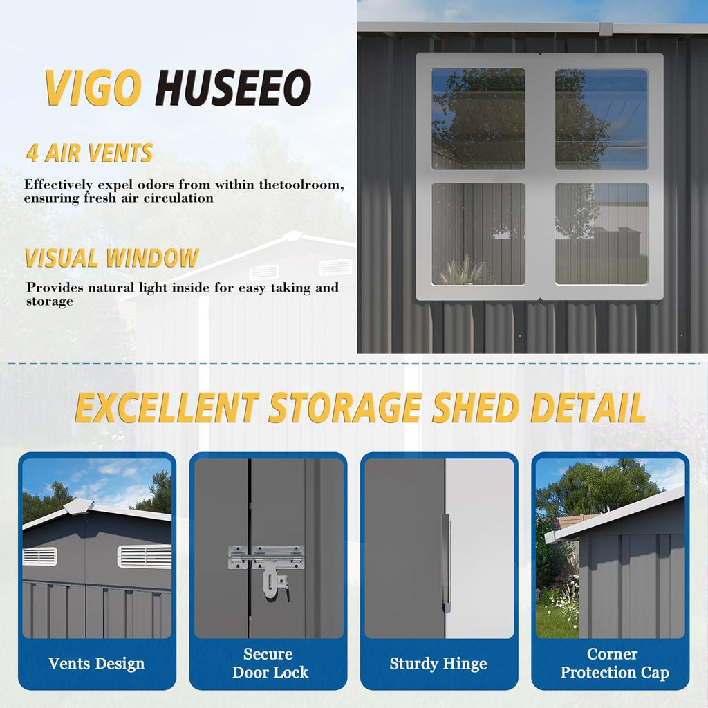 10x14x6.7FT Outdoor Storage Shed, Galvanized Steel Garden Shed with Lockable Door & Window, Waterproof Metal Tool Storage for Garden, Backyard, Patio, Lawn(Grey)