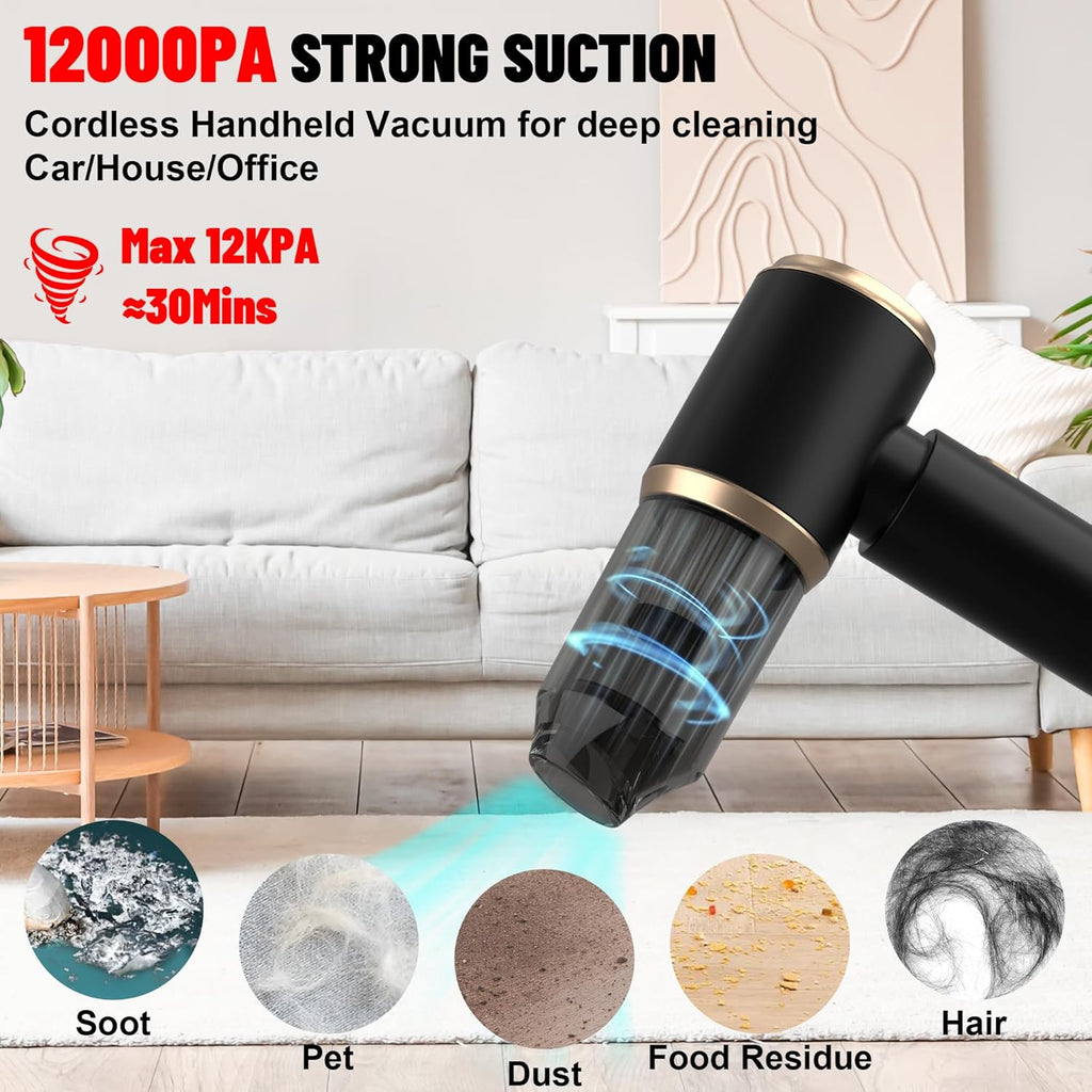 Handheld Car Vacuum Portable Cordless, 12000PA High Power 4 in 1 Vacuum Cleaner & Air Duster & Air Blower with 4000mAh Brushless Motor and Multi-Nozzles for Car, Home, Office, Camping, Pet