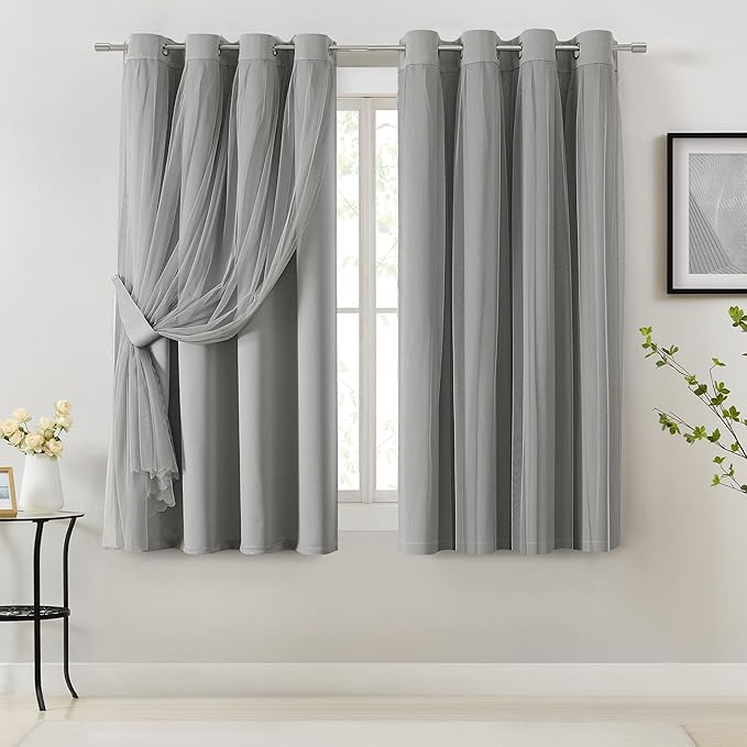Bujasso Grey 90% Blackout Curtains with Sheer Overlay Mix and Match Double Layer Window Curtains Thermal Insulated 63 inch for Living Room Bedroom Gray Drapes with Tiebacks Grommet Top 54" Wx63 Lx2