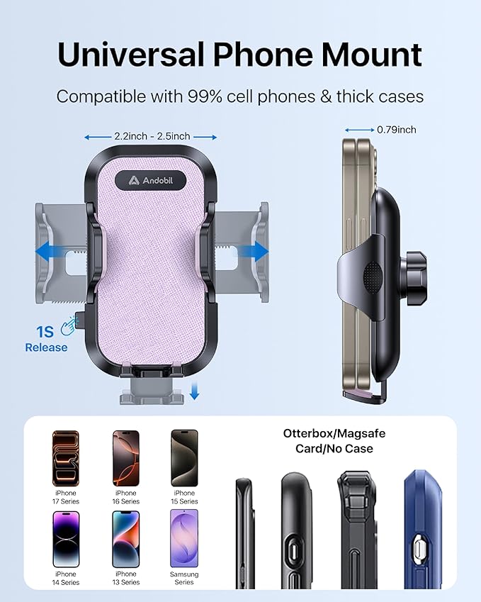 andobil 2026 Upgraded Car Phone Holder Mount, Military-Grade Phone Holders for Your Car Vent Stable Metal Clip Universal 360° Cell Phone Car Mount for iPhone 17 Pro Max 16/15/14/13/12/ Samsung, Purple