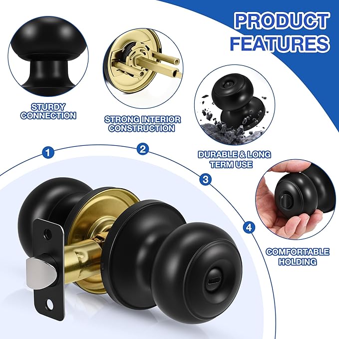 Plustool 5 Pack Matte Black Door Knobs, Privacy Door Knob with Lock, Interior Doorknobs with Round Ball, Keyless Door Lockset for Bedrooms Bathrooms