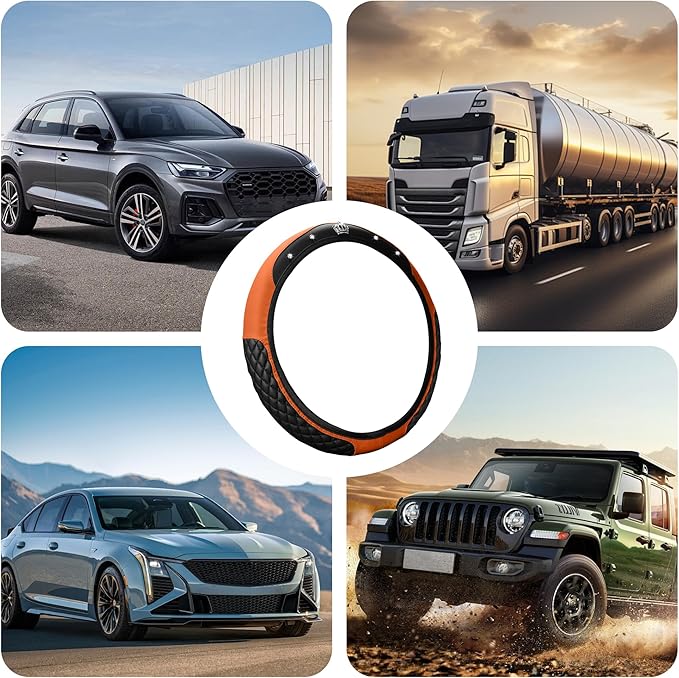 Bling Car Steering Wheel Cover, Diamond Leather Crystal Rhinestones Vehicles Steering Wheel Protector, Sparkling Anti-Slip Automotive Interior Decoration Accessories, Universal Fit (Orange)