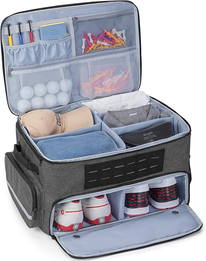 GOBUROS Golf Trunk Organizer Storage with Separate Compartment for 2 Pair Shoes Up to US Mens 16, Golf Car Locker Organizer for Balls, Tees, Clothes, Gloves, Accessories, Grey