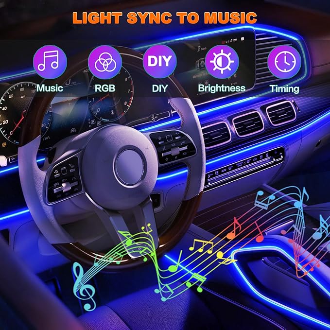 Jushope Car LED Lights, Interior Car Lights with Wireless APP/RF Remote/Button Control, Car Ambient Lighting Kit with 236" Integrated Molding Fiber Optic RGB Sync to Music (USB)