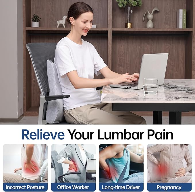 Lumbar Support Pillow for Office Chair, Back Support Pillow with Memory Foam, Relieves Back Pain, Removable Washable Cover & Adjustable Strap, for Car/Gaming Chair,Gift-Light Grey