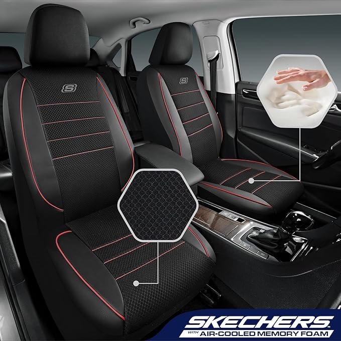 Skechers Air-Cooled Memory Foam Seat Covers,Mesh Thick Car Seat Covers,Piping Leather Car Seat Cover Full Set,Airbag Compatible,Automotive Comfort Universal Fit Most Cars,Vans,Trucks,SUV,Red