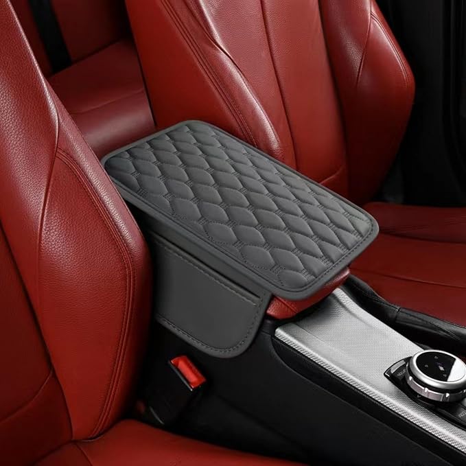 Thin Car Center Console Cover, PU Leather Armrest Cushion with 2 Side Storage Pockets, Universal Car Interior Accessories for Most Vehicles/SUV/Sedan (Thin-Diamond Stitch, Grey)