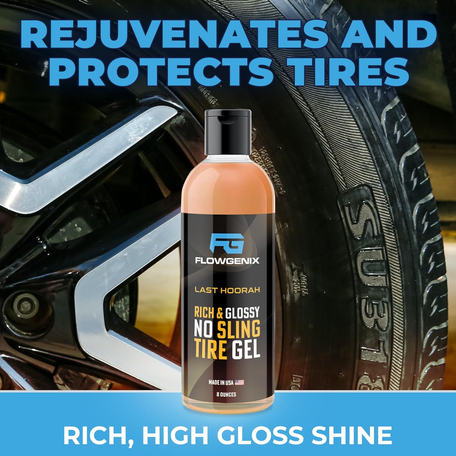 Tire Shine Gel Coating and Dressing (8oz) - High Gloss Wheel Tire Shine for Cars - No-Sling Anti-Stick Protection, Works on Rubber, Plastic, Vinyl - Incl 2 Microfiber Towels
