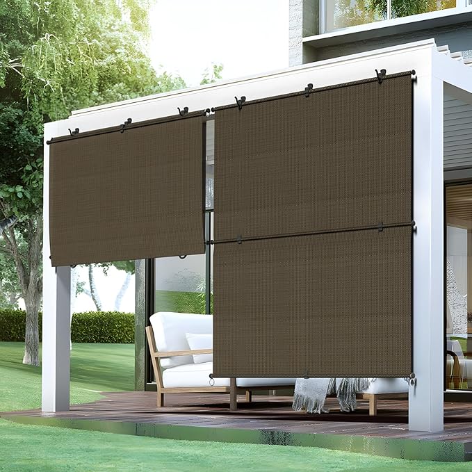 Bynbbur 4'W x 5'H Outdoor Patio Shades Foldable Roller Blinds, 220 GSM Sun Shade Roll Up Porch Screens Exterior Shade Cloth for Deck Pergola Backyard, Brown