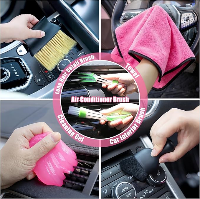 AUTODECO Car Cleaning Kit, Car Vacuum Interior Detailing Cleaner Kit with High Power Handheld Vacuum, Brush Set, Windshield Tool, Duster, Towels, Complete Car Care Tools for Women (Pink)