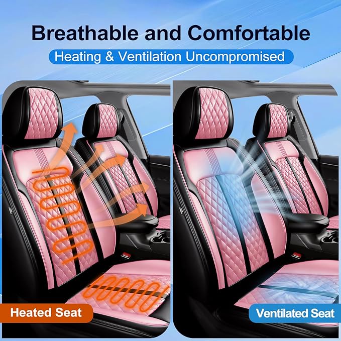 Fit HR-V Car Seat Covers for Honda HRV 2016-2025 2026 LX/EX/EXL/Sport - Full Coverage Leather, Airbag Compatible, Breathable Waterproof All Weather Seat Protector, Full Set, Black+Pink