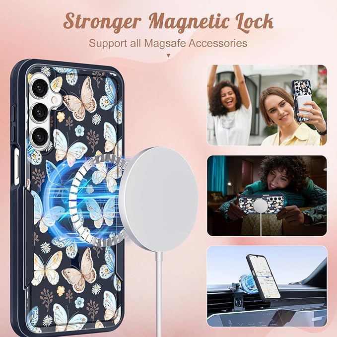 for Samsung Galaxy A16 5G Phone Case - Compatible with MagSafe Women Girls Cute Magnetic Protective Cover Girly Kawaii Blue Butterfly Heavy Duty Shockproof Design for Samsung A16 5G Case