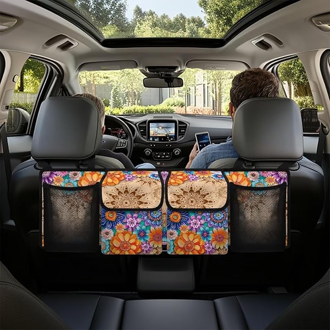 Foldable Auto Hanging Seat Back Storage Bohemian Mandala Floral Blossom Car Organization Women Trunk Hanging Storage Bag