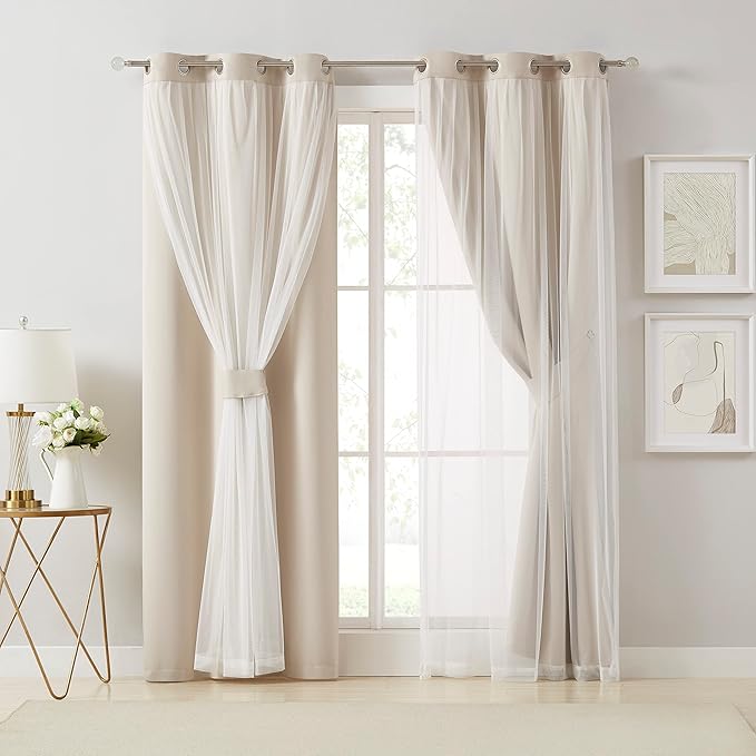 Bujasso Beige 80% Blackout Curtains with Sheer Overlay Mix and Match Double Layer Thermal Insulated Window Panels 95 inch for Living Room Bedroom Beige Drapes with Tiebacks Grommet Top 37" Wx95 Lx2