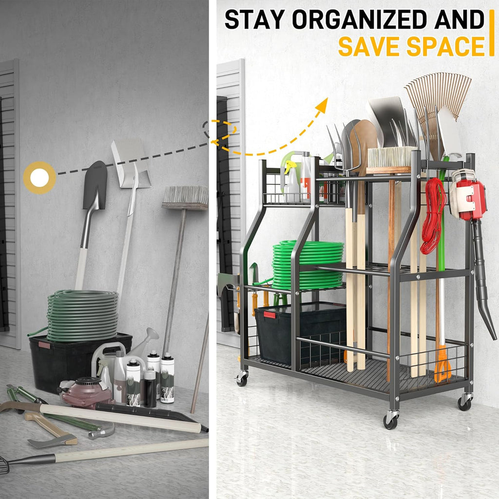 Ultrawall Garden Tool Organizer, Yard Tool Storage Rack for Garage Organization with Lockable Wheels, Garden Tool Stand for Rake, Brooms, Indoor & Outdoor Use