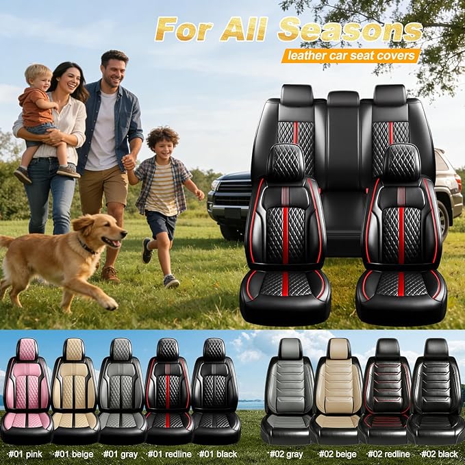 Fit Impala Car Seat Covers for Select Chevrolet/Chevy Impala 2000-2020, Premium Full Coverage Leather, Airbag Compatible, Waterproof All Weather Seat Protector, Full Set, Red Trim