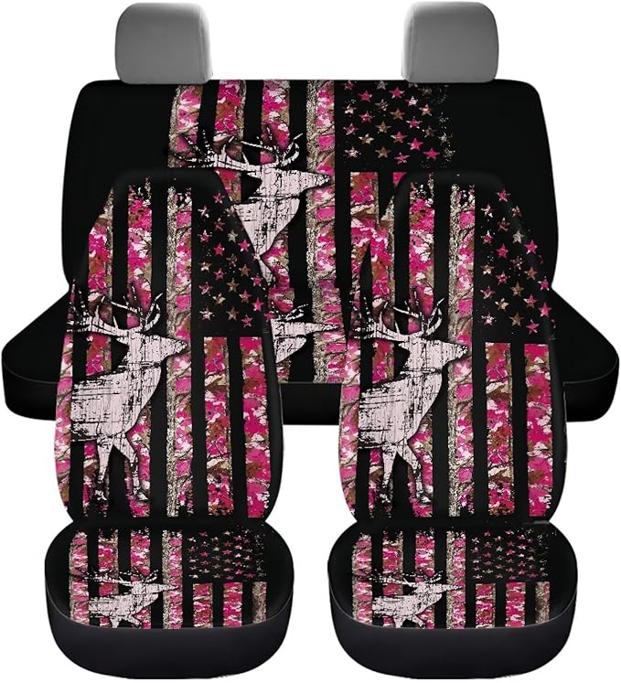KEIAHUAN Branch Deer Camo Hunting Car Seat Covers Front Seat Cover and Split Rear Bench Seat Covers Set of 4 Stretchable Auto Interior Decoration Accessories for Sedan, Truck, SUV, Van, Pink