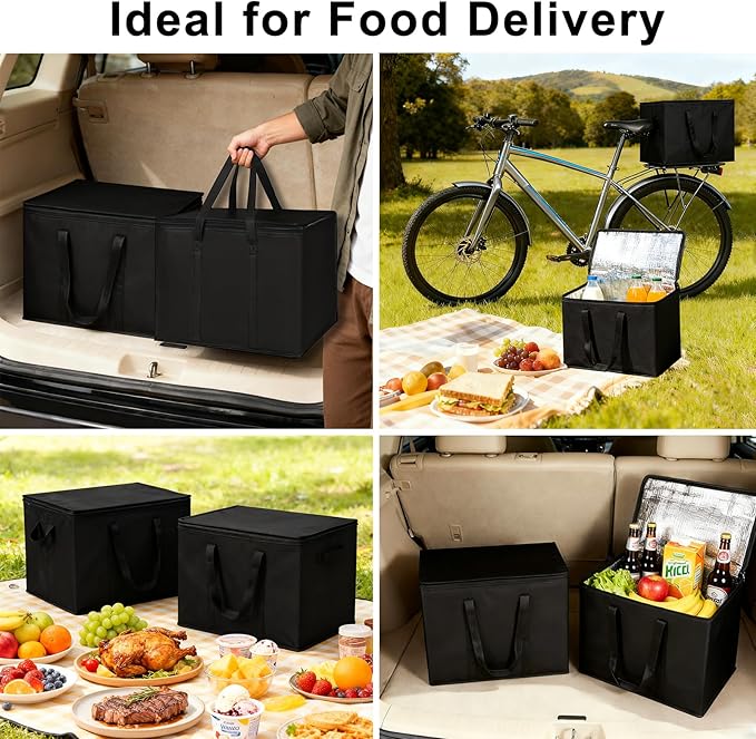2 I 4 Pack Insulated Reusable Grocery Shopping Bags with zippered top,Food Delivery Bag,Collapsible Cooler Bag
