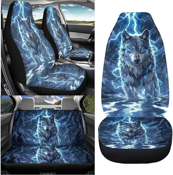 KEIAHUAN Lightning Wolf Car Seat Covers Front Back Auto Front Bucket Seat Covers Rear Split Bench Seat Cushion Pads Vehicle Seat Covers Fit Most Vehicle Truck,SUV