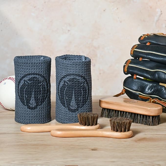 Rhino Wax - Baseball Glove Brush and Applicator Kit (5 Pack) - 1 Horsehair Scrubber for Basic Dirt Removal - 2 Dauber Brushes for Oil and Conditioner Application - 2 Microfiber Cloths for Wiping Down