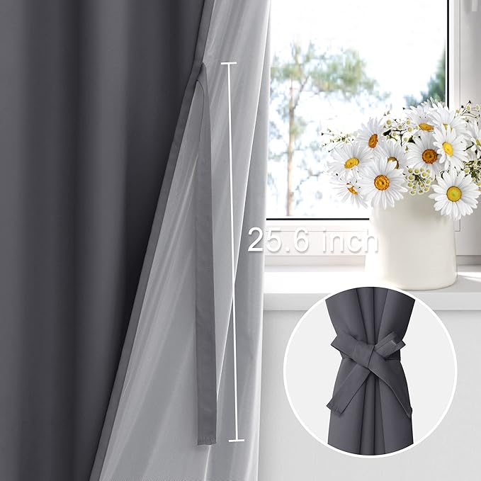 XWZO 100% Blackout Curtains 45 Inches Long with Tiebacks- Privacy Protection & Noise Blocking Window Draperies Grommet Top with Black Liner for Bedroom/Living Room, Dark Grey, W38 x L45, Set of 2