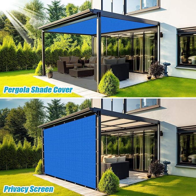 Amagenix 90% Pergola Shade Cover 8' X 14' Sun Shade Cloth with Grommets for Outdoor Garden Patio Porch, Commercial Grade 200 GSM - Cable Zip Ties Included (We Customized) GN108, Blue