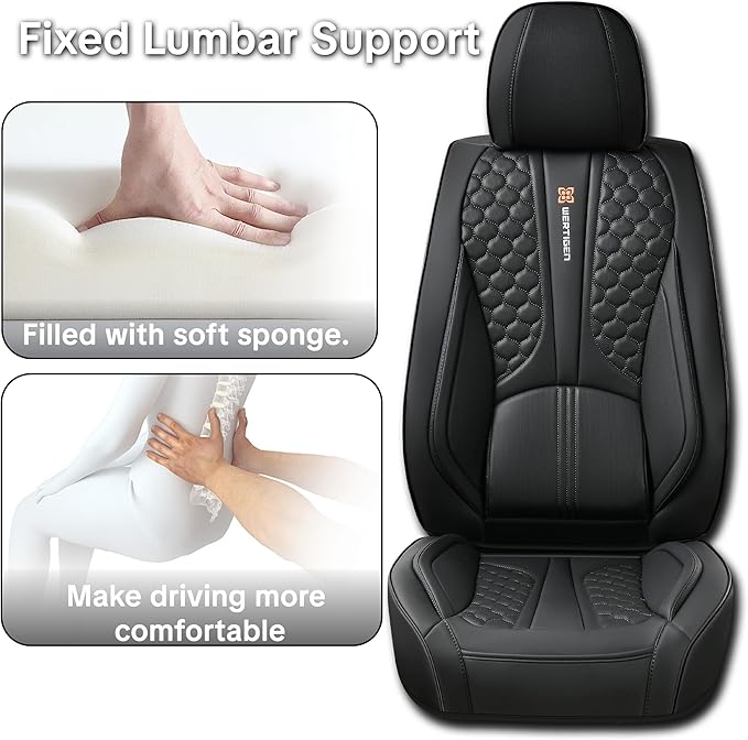 Black Universal Car Seat Covers Premium Nappa Leather with Lumbar Support Waterproof Full Set Non-Slip Contoured Fit Airbag Compatible Fits Most Vehicles Easy to Clean and Install