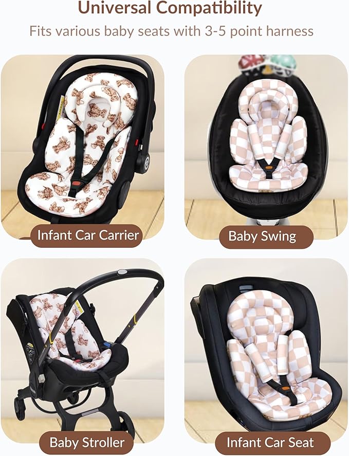 Infant Car Seat Insert with Removable Cushion for Preemie to Toddler, Reversible Newborn Carseat Insert for Baby Head Body Support, Fits for Stroller, Baby Swing, Bouncer (Teddy Bear)