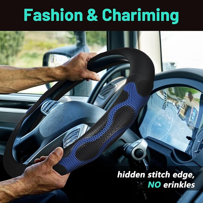 15 Inch Truck Steering Wheel Cover Leather Wheel Semi-Truck Comfy Grip Cover Anti Slip Car Accessory, Fits Rv, Big Rig and Classic Car (Blue, Classic Style)