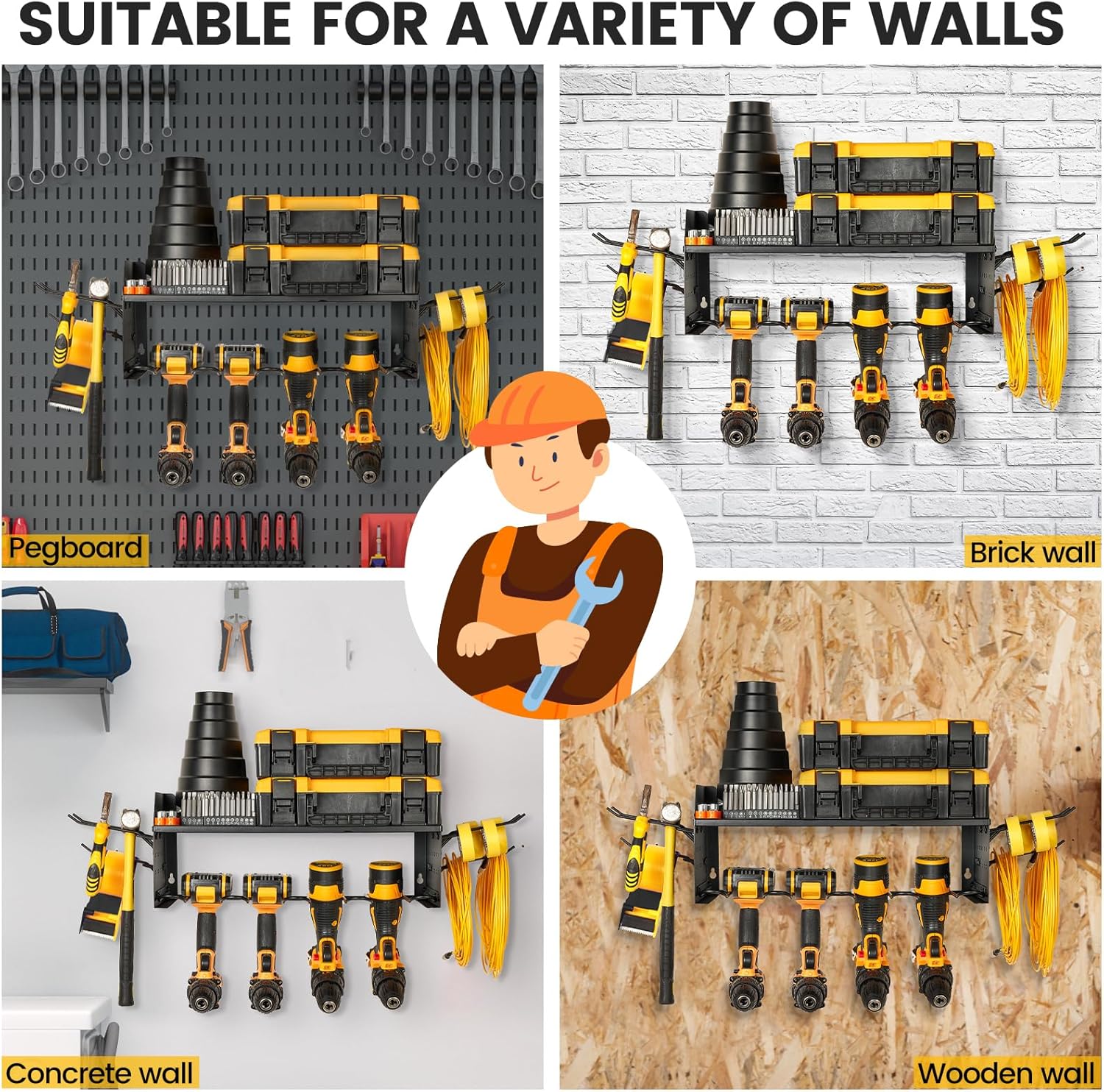 TRZZ Power Tool Organizer Wall Mount, 2-Tier Cordless Drill Rack with 4 Drill Holders and 2 Side Pegboards, Efficient Drill Storage for Garage, Tool Room, and Workshop (Black)