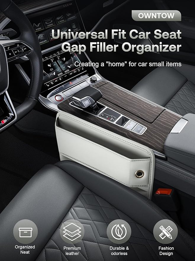 Premium Leather Car Seat Gap Filler Organizer (0.2”-1.2" Gaps), Clever Gifts for Car SUV Truck Owners (Beige, 2 Pack)