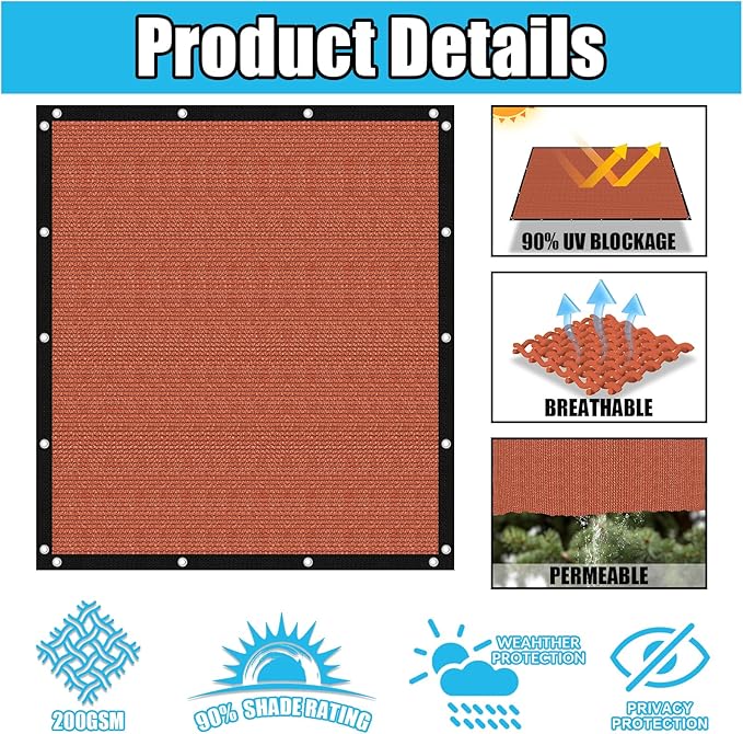 Amagenix 90% Pergola Shade Cover 8' X 20' Sun Shade Cloth with Grommets for Outdoor Garden Patio Porch, Commercial Grade 200 GSM - Cable Zip Ties Included (We Customized) GN108, Rust Red