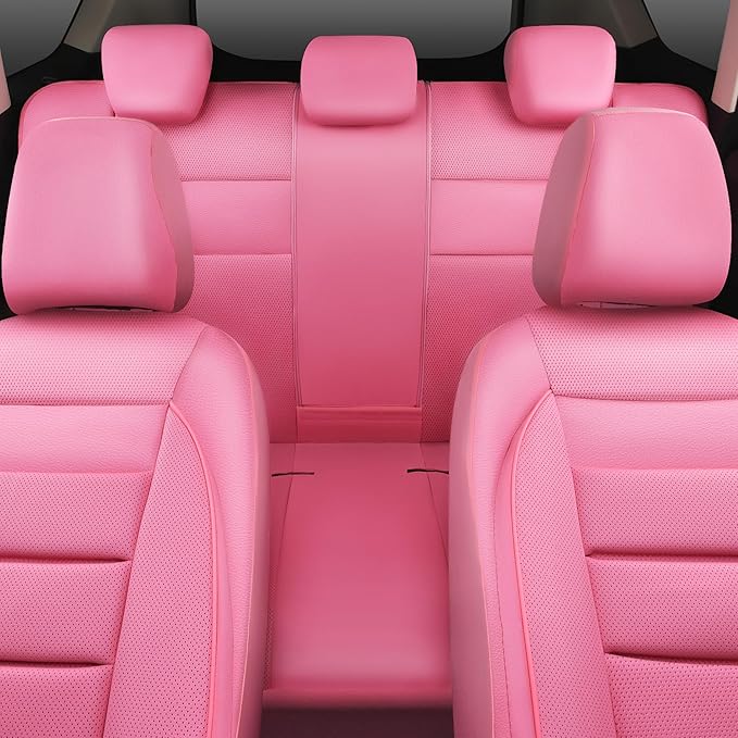CAR PASS Pink Leather Seat Covers Full Set Universal Water Resistant 3D Foam Back Support, Luxury Comfort Automotive 5 Seat Covers for Women All Season Fit SUV,Sedan,Van, Airbag Compatible Pink