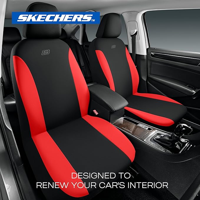 Skechers Seat Covers, Premium Breathable Polyester Seat Covers, Car Seat Covers Front Seats Airbag Compatible, Automotive Comfort for Most Cars, Vans, Trucks, SUVs (Two Front,Red)