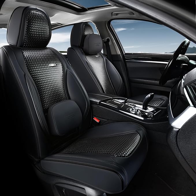 Coverado Car Seat Covers Full Set, Black Seat Covers for Cars, Waterproof Nappa Leather Automotive Seat Covers with Lumbar Head Pillow, Car Seat Protectors, Universal Fit for Most Cars SUV