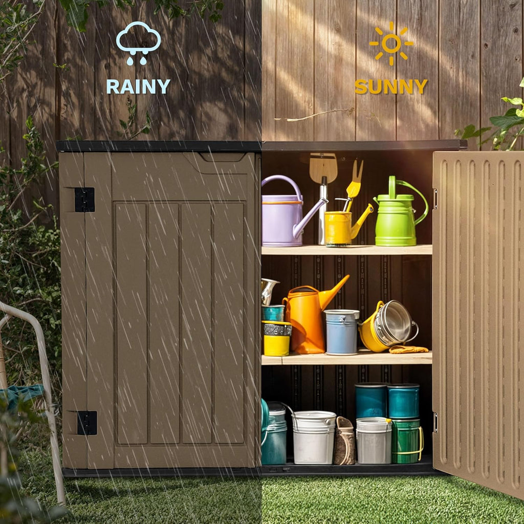 DWVO 35 Cuft Outdoor Horizontal Storage, Waterproof Resin Storage Shed with Floor and Multiple Accesses for Garden Tools, Easy Assembly, Brown (No Shelf Included)