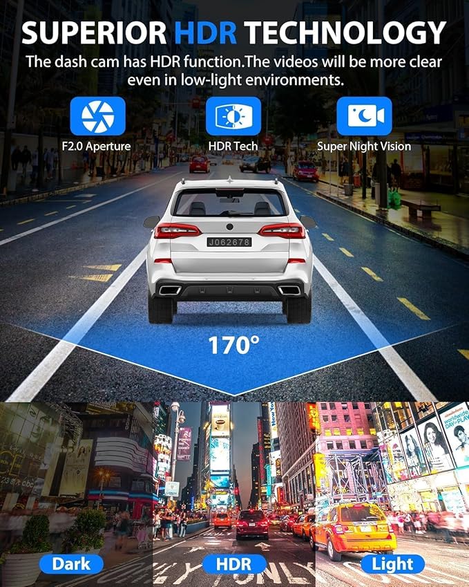 3 Channel Dash Cam, Full UHD Front and Car CameraRear Inside,Car Camera Full HD 170 Deg Wide Angle Dashboard Camera with 64GB Card, 2-Inch Screen,G-Sensor,Loop Recording，Night Vision