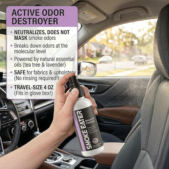 Smoke Eater Cigarette, Cigar & Tobacco Odor Eliminator Spray & Air Freshener for Car, Home, Clothes — Lavender, 4 oz Travel Size — Tea Tree Oil Formula, Non-Aerosol Pump Spray