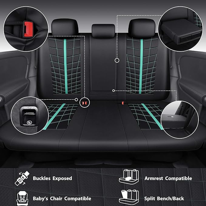 CAR PASS 3D Foam Mesh Leather Car Seat Covers Full Set, Breathable Premium Leather Seat Covers for Car,Anti Slip Universal Fit for Trucks Cars Sedans Vans SUVs, Airbag Compatible, Black Mint
