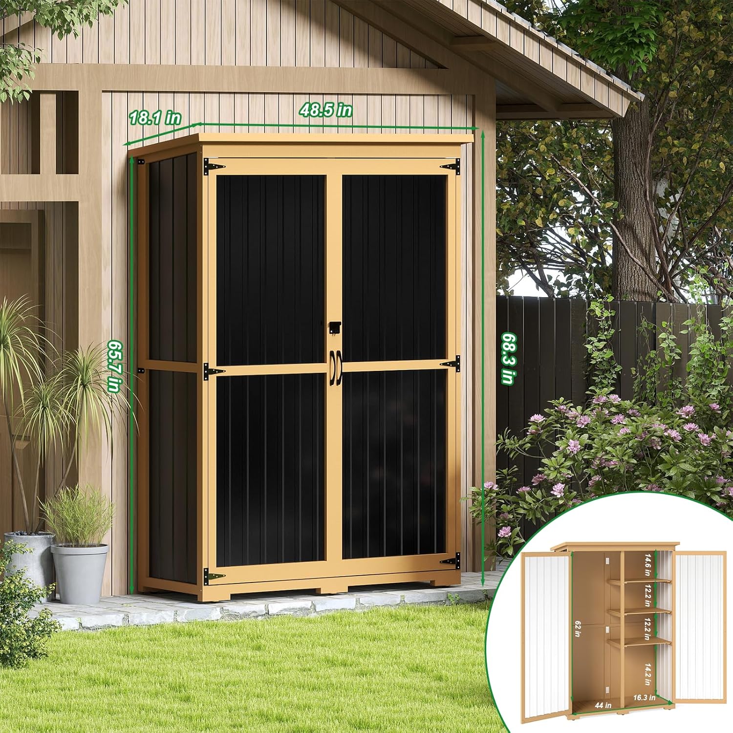 Outdoor Storage Shed with Adjustable Shelf, Wood & Metal Storage Cabinet Waterproof with Lockable Doors & Sloping Roof,Vertical Garden Shed for Patio Backyard, Tool Shed and Accessories, Brown