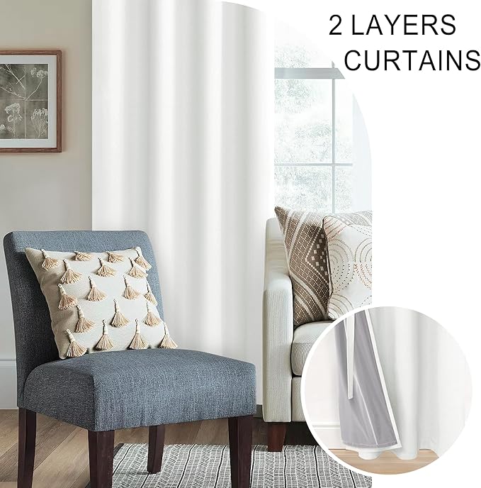 XWZO 100% Blackout Window Curtains - Thermal Insulated & Completely Room Darkening Black Liner Window Treatment with Tiebacks for Bedroom/Living Room, Ivory, W60 x L84, Set of 2 Panels