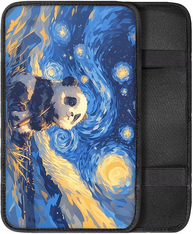 Auto Center Console Pad, Oil Painting Starry Sky Panda Armrest Covers for Trucks Vans SUV Cars, Car Interior Decor Accessories for Women Men Easy to Install