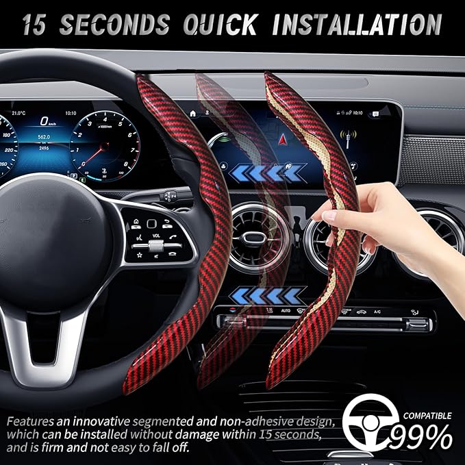 WOCOCN 3pcs Car Steering Wheel Cover,Anti-Skid Carbon Fiber Steering Wheel Protector for Men Women,Multiple Color Options,Universal for Most Car Interiors Accessories (Bright Red 3PCS)