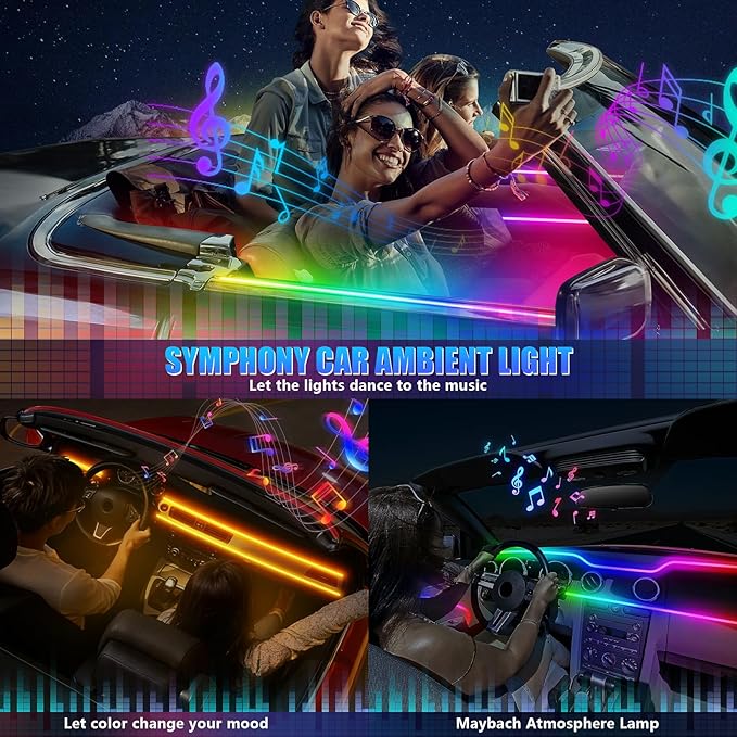 Dreamcolor Acrylic Interior Car LED Strip Light with Wireless APP, RGB 18 in 1 with 175 inches 600 LEDs Fiber Optic Car Ambient Lighting Kits, Music Sync Function Neon LED Strip for Car Accessories