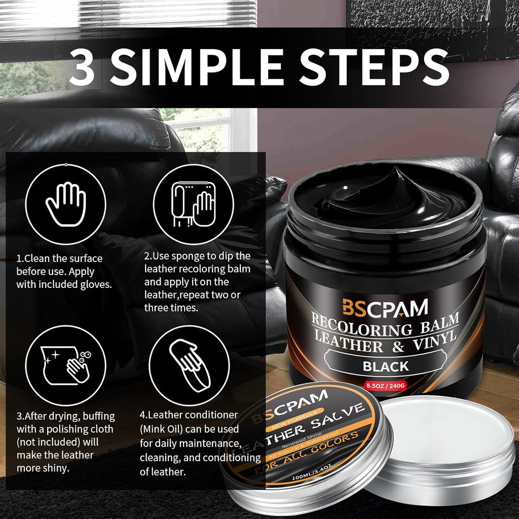 Black Leather Recoloring Balm with 100ml Mink Oil,Leather Couch Scratch Remover,Leather Repair kit for Vinyl Furniture and Car Interior,Leather Dye Paint,Mink Oil for Leather