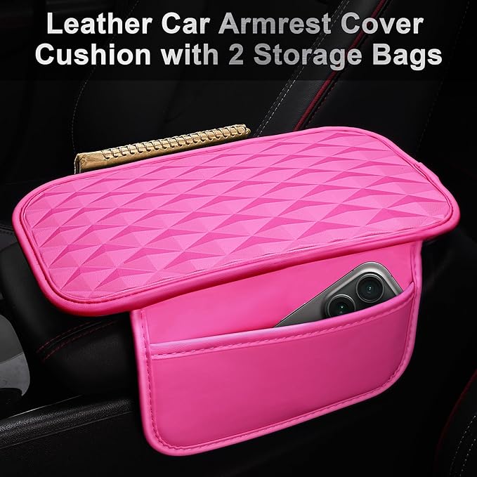 CAR PASS 3D Rhombus Pink Leather Steering Wheel Cover Car Accessories Set, Center Console Armrest Cushion with Storage Bags 2 Non-Slip Cup Coasters, 14.5-15in Cute Car Interior Sets, 4 PCS Hot Pink