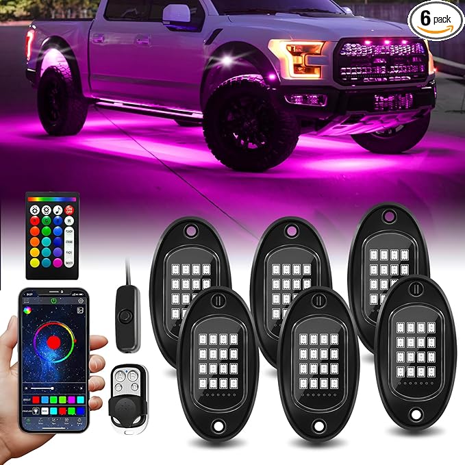 6 Pods RGB LED Rock Lights with APP/RF Remote Control High Brights Waterproof Underglow Multicolor Zone Neon Exterior Rock Lights for 12V Trucks Jeep UTV ATV RZR Offroad Pickup SUV Accessory