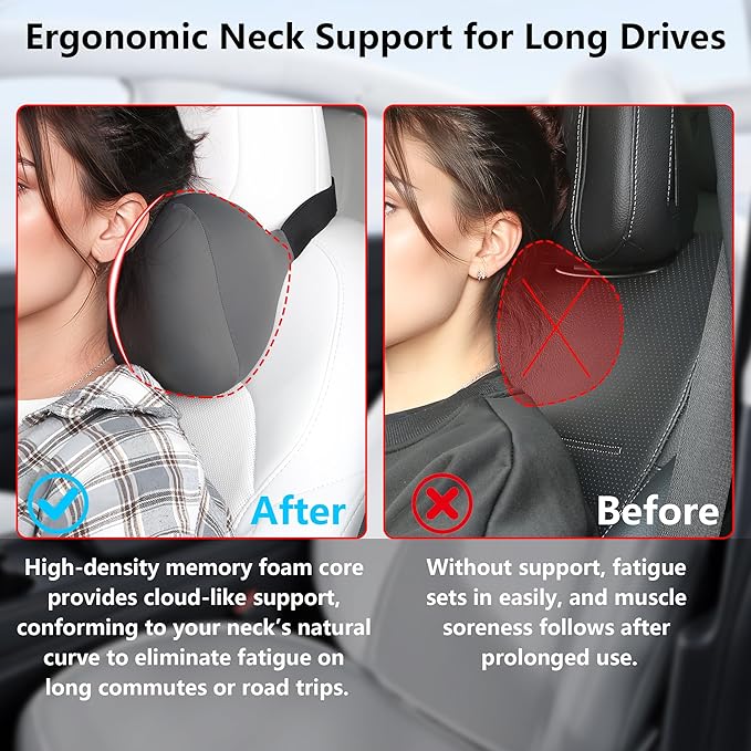 Car Headrest Pillow for Neck Support, Memory Foam Car Neck Pillow with Adjustable Strap, Ergonomic Neck Support Relieves Driving Fatigue (Grey)