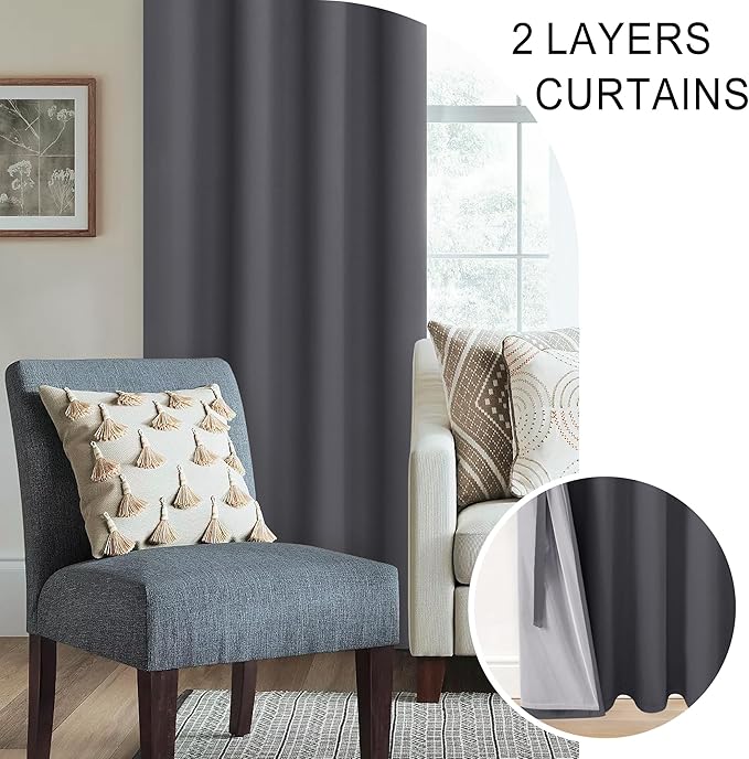 XWZO 100% Blackout Curtains 45 Inches Long with Tiebacks- Privacy Protection & Noise Blocking Window Draperies Grommet Top with Black Liner for Bedroom/Living Room, Dark Grey, W38 x L45, Set of 2