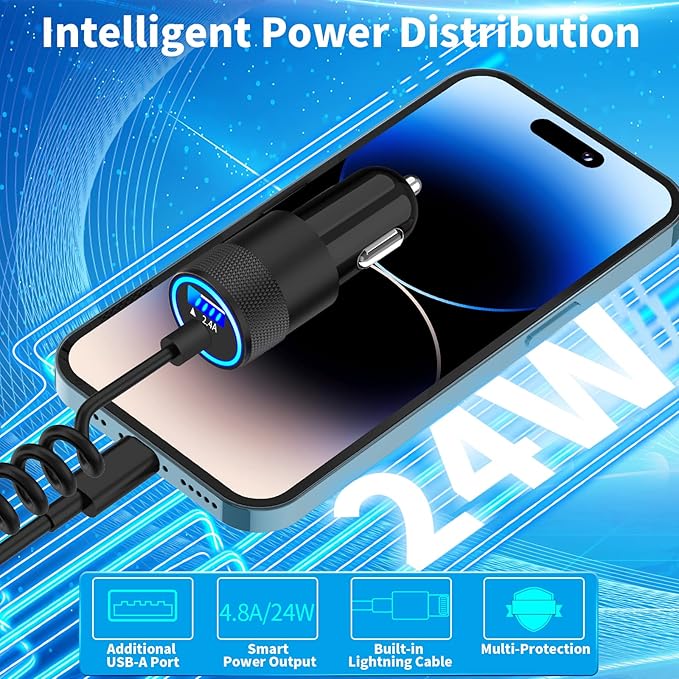 【MFi Certified】iPhone Car Charger Fast Charging, Caiinei 4.8A USB Car Charger Fast Charging Cigarette Lighter Adapter with 6FT Coiled Lightning Cable for iPhone 14 13 12 11 Pro XS Max Mini XR X 8 iPad